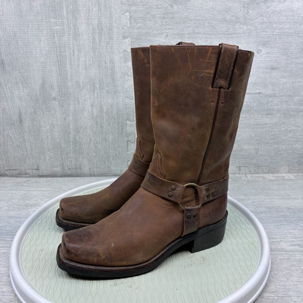 Vintage Boulet Harness Boots 2131 Men 8.5 Brown Leather Square Toe Western Biker